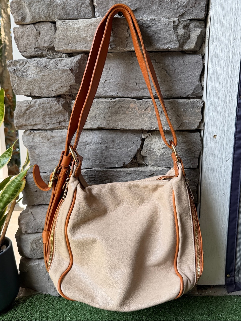 Valentina Genuine Leather Cream Tan Gold Hardware Womens Shoulder Bag